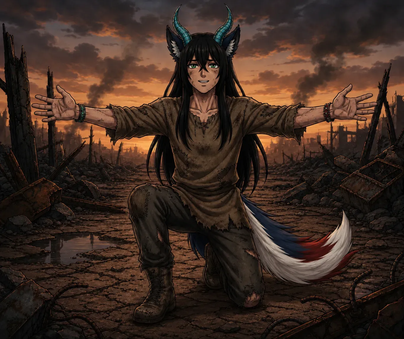 A Misfit kneeling with arms outstretched amid ruins at sunset — Den of Misfits.